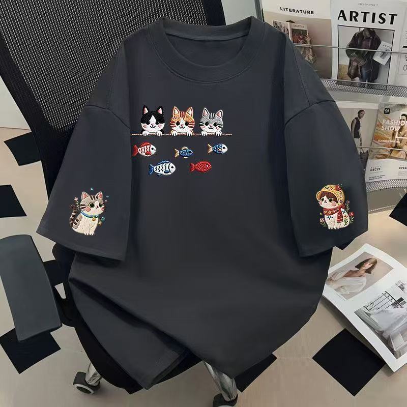 Pure Cotton Back Collar Summer New Cartoon Print Cute Style Kitten Round Neck T-Shirt for Female Students Versatile and Casual Pure Cotton Back Collar Summer New Cartoon Print Cute Style Kitten Round Neck T-Shirt for Female Students Versatile and Casual