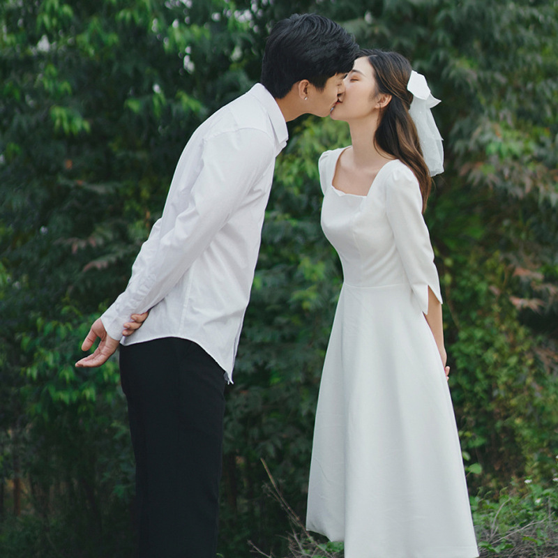 French-style Light Wedding Dress Small Satin Simple Normal Wearing Engagement White Dress License Registration Dress