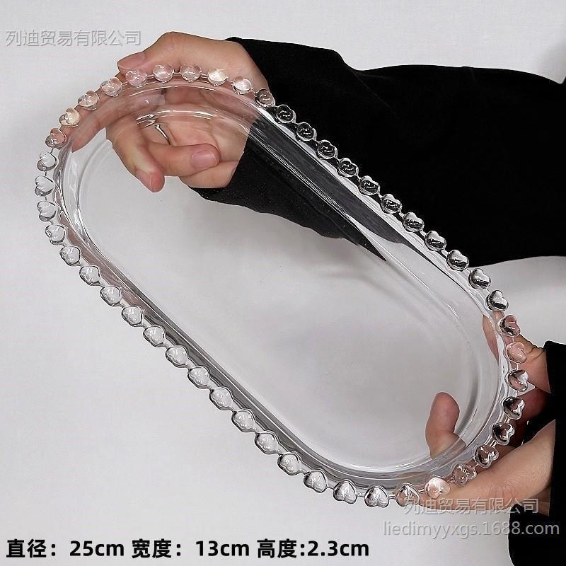Serie de platos de vidrio de frutas de borde de amor coreano de estilo ins, platos de postres transparentes para el hogar, platos para pasteles, platos para ensaladas image 8