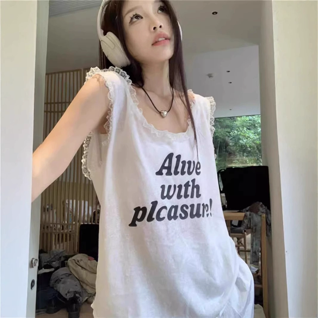 Толстый Mm плюс 300 кг кружевное сшивание без рукавов футболка женская Ся Хан свободный повседневный алфавит дикий топ