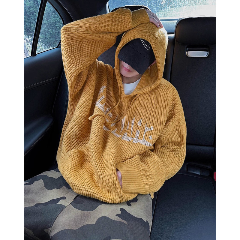 Yellow Hooded Knitwear Men's Printed Turtleneck Lazy Loose Autumn and Winter Knitwear Hoodie Foreign Trade Cross-Border Wholesale