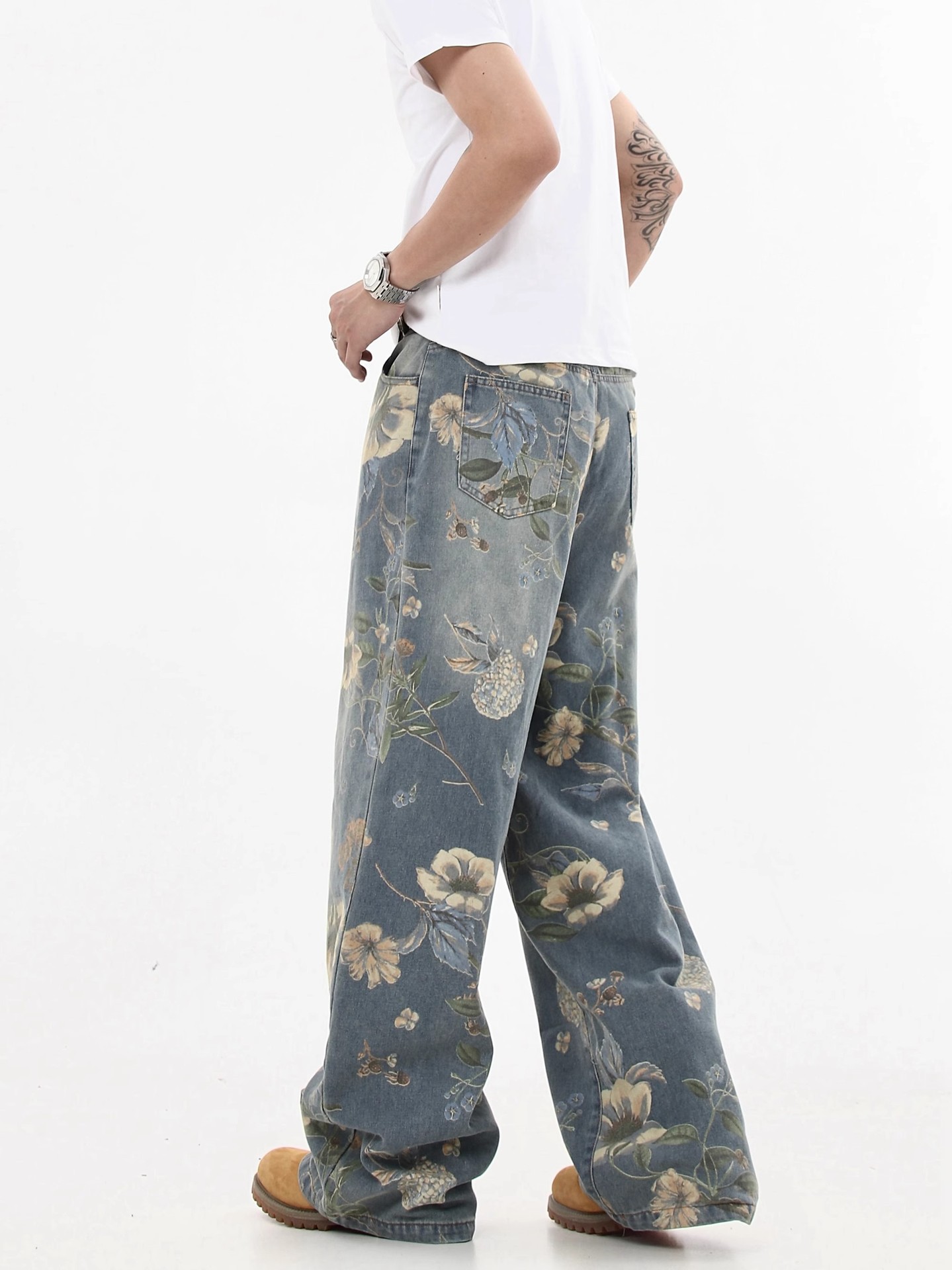 Unisex Retro Floral Print Loose Fit Straight Leg Jeans Hand-Painted Design Blue Trousers S-3XL_mkmklike.com