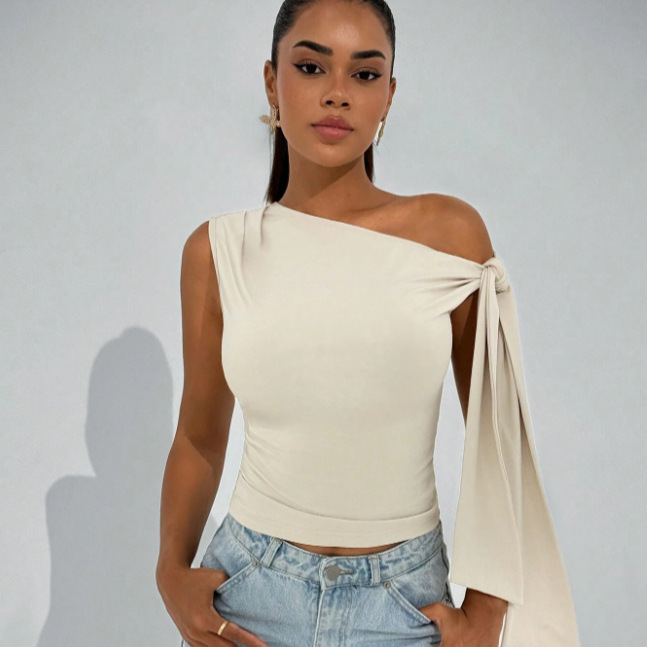European and American Women's 2025 Summer New Fashionable Street Shoot Slim-Fit Streamers Tie Oblique Tie Solid Color Sleeveless Top