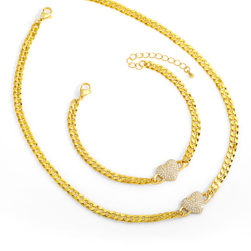 hip-hop splicing chain copper inlaid zircon heart necklace bracelet