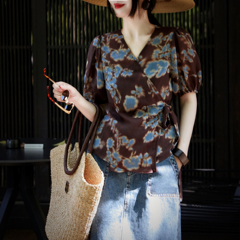 Summer Copper Ammonia Silk Fabric V-Neck Wrap Top with Straps, Vintage Tie-Dye Print Puff Sleeve Waist-Cinching Shirt 221