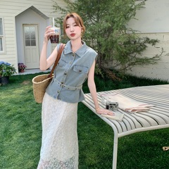 韩系气质蕾丝吊带连衣裙女2025夏季新款时尚薄牛仔马甲裙子两件套