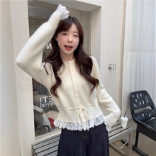 (2개) 한국식 레드 레이스 바느질 스웨터 여성의 가을 및 겨울 디자인 센스 타이트 허리 니트 카디건 쇼트 탑