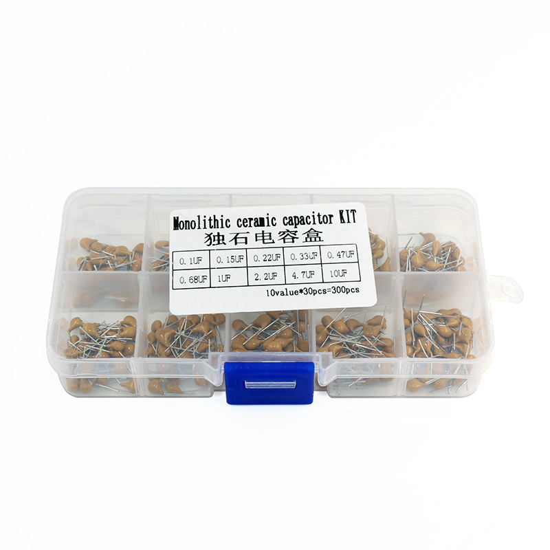 Monolithic capacitors are boxed in 10 kinds, 300 in total 104 224 334 474 684 105 225 475 106