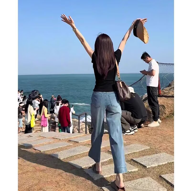2025夏季新款港风复古设计感小个子女士九分阔腿裤直筒薄款牛仔裤|undefined