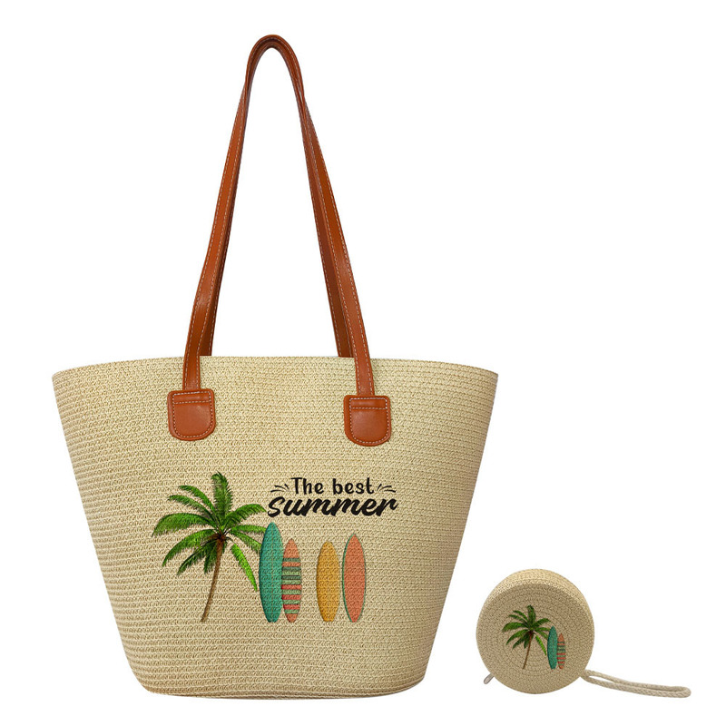 Cross-Border Large-Capacity Travel and Vacation Straw Woven Bag Round Coin Purse Set Seaside Beach Printed Woven Bag