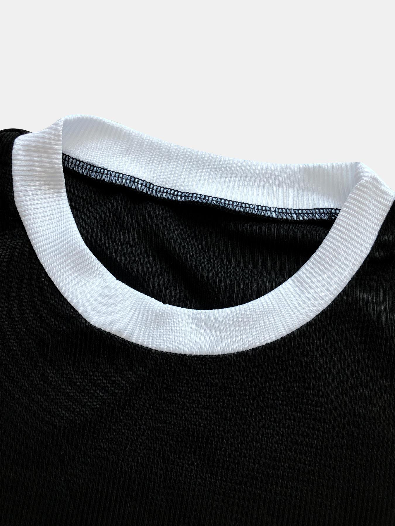 Women's Casual Fashion Street Style Ribbed Color Block Round Neck Shorts Set R Two Pieces_ecoleips.com