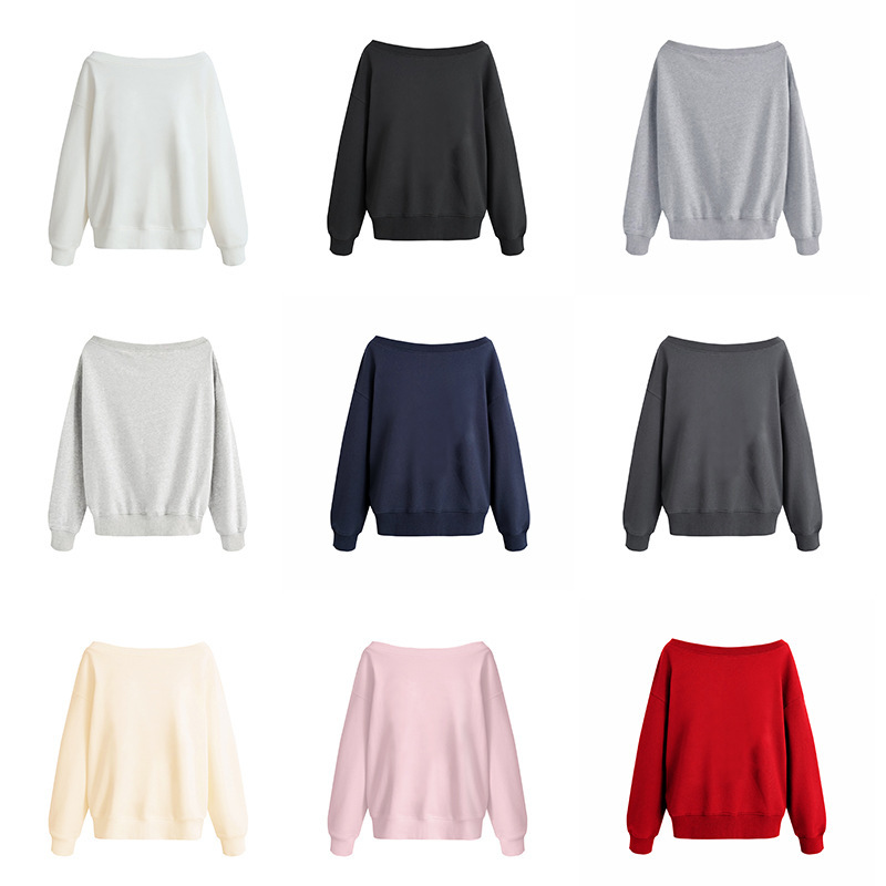 【Pure Cotton, Chinese Cotton, and Milk Silk Blend + Silver Fox Fleece】American-Style Spicy Girl Loose-Fitting One-Shoulder Sweatshirt for Women, Plain Blank Version 【Pure Cotton, Chinese Cotton, and Milk Silk Blend + Silver Fox Fleece】American-Style Spicy Girl Loose-Fitting One-Shoulder Sweatshirt for Women, Plain Blank Version