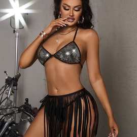 2023欧美亚马逊新款分体泳衣三件套女闪光布性感流苏比基尼bikini