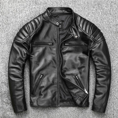 新作特別価格ヘビーファーストレイヤー牛革本革ジャケットメンズバイクジャケットスタンドカラーユース春秋レザージャケット
