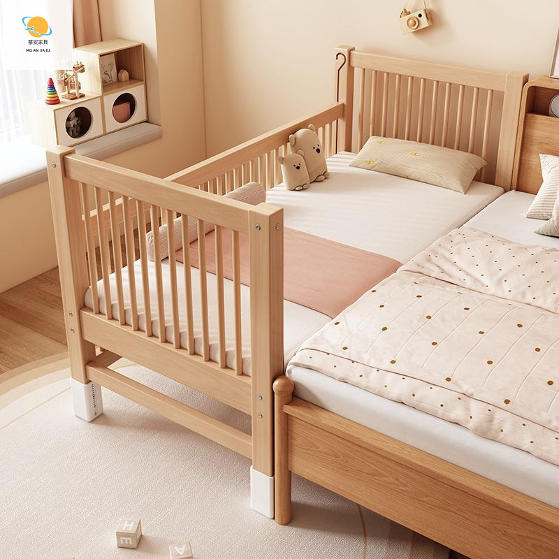 Beech Children's Spliced ​​Bed Solid Wood Children's Bed Liftable Guardrail Spliced ​​Large Bed Children's Bedside Bed Crib