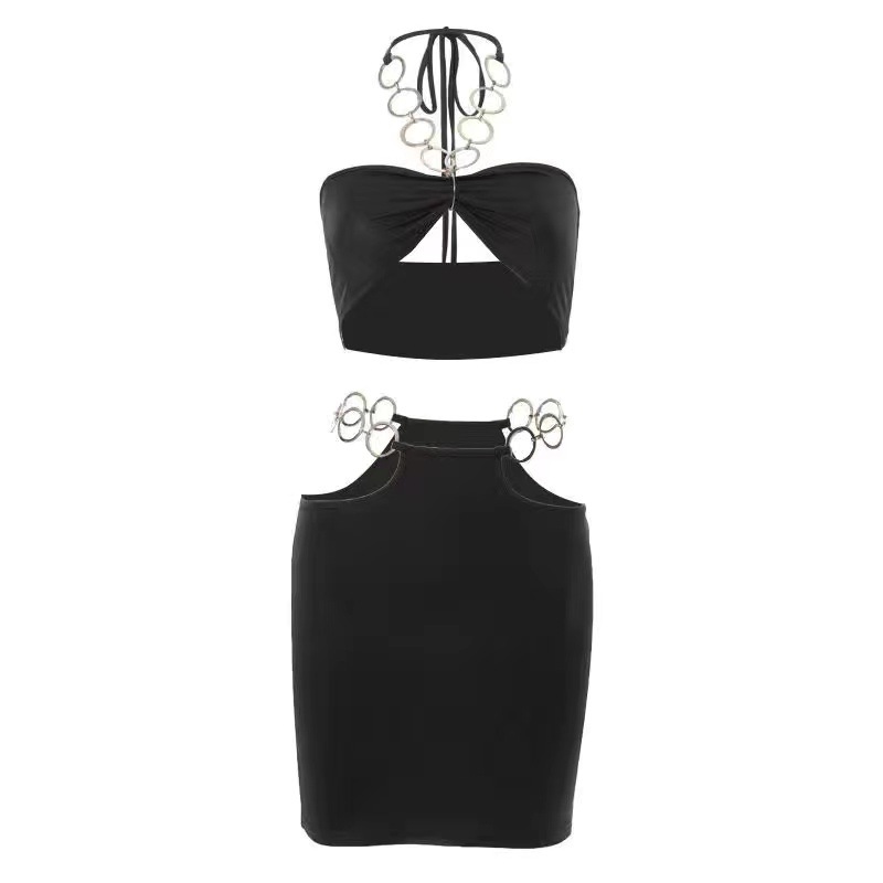 Halter Tube Top and Mini Skirt Set with Hollow Waist Detail in Wine Red — detail image 7