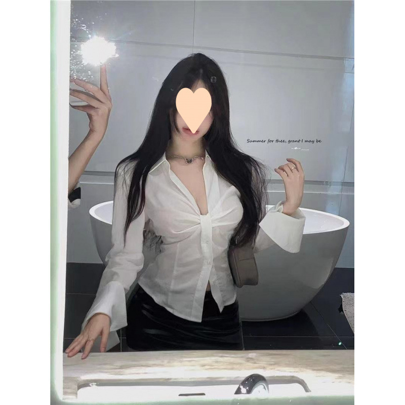 白色辣妹领扭结长袖衬衫女夏法式别致衬衣短款褶皱小众收腰上衣|undefined
