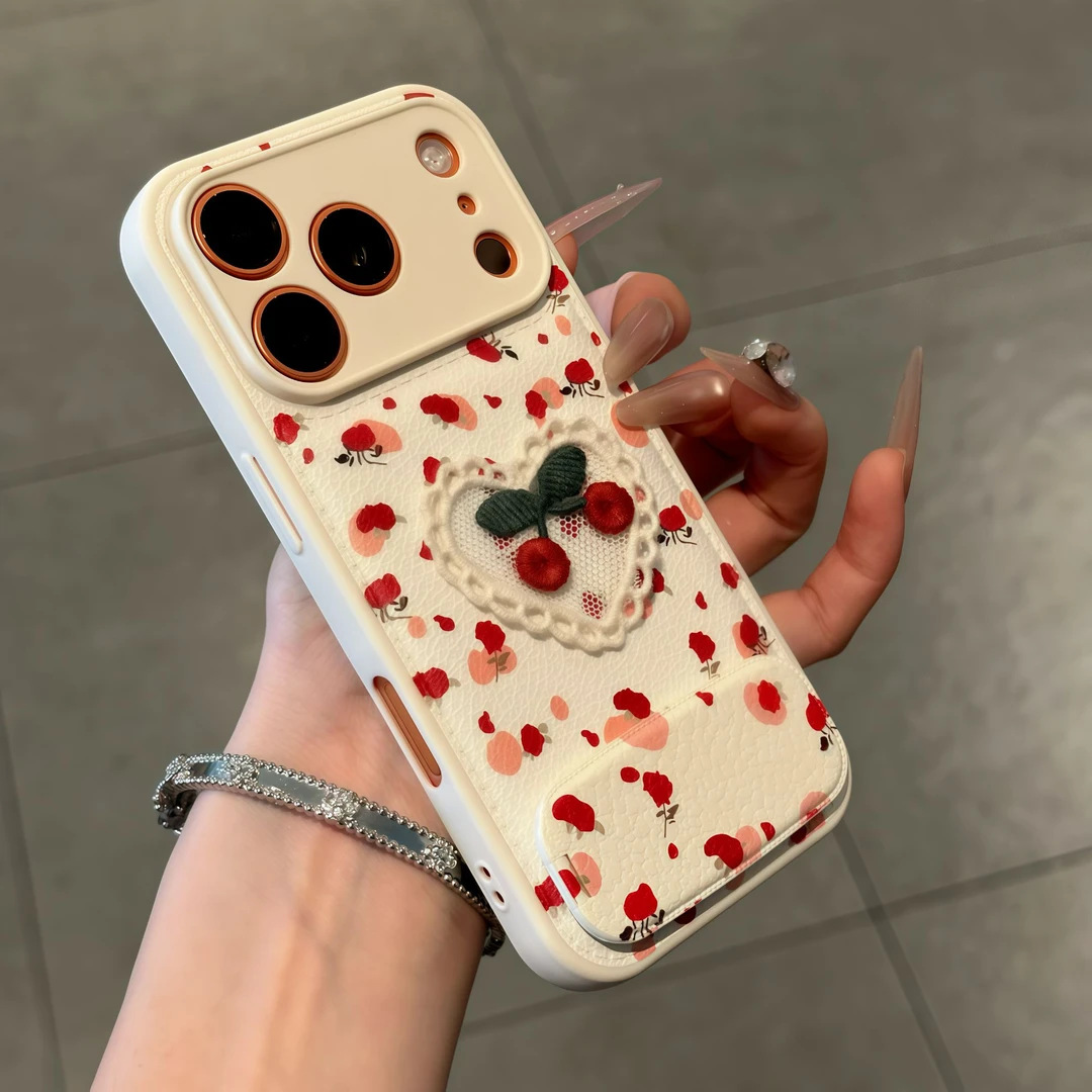 Leather Phone Case For Iphone 16 Pro With Embroidered Cherry Art_voghion.com