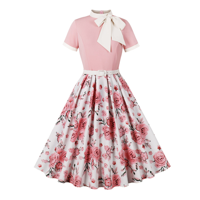 Amazon Cross-Border European and American Retro Dress Women's 2025 New Hepburn Printed Floral Polka Dot Bow Skirt Amazon Cross-Border European and American Retro Dress Women's 2025 New Hepburn Printed Floral Polka Dot Bow Skirt