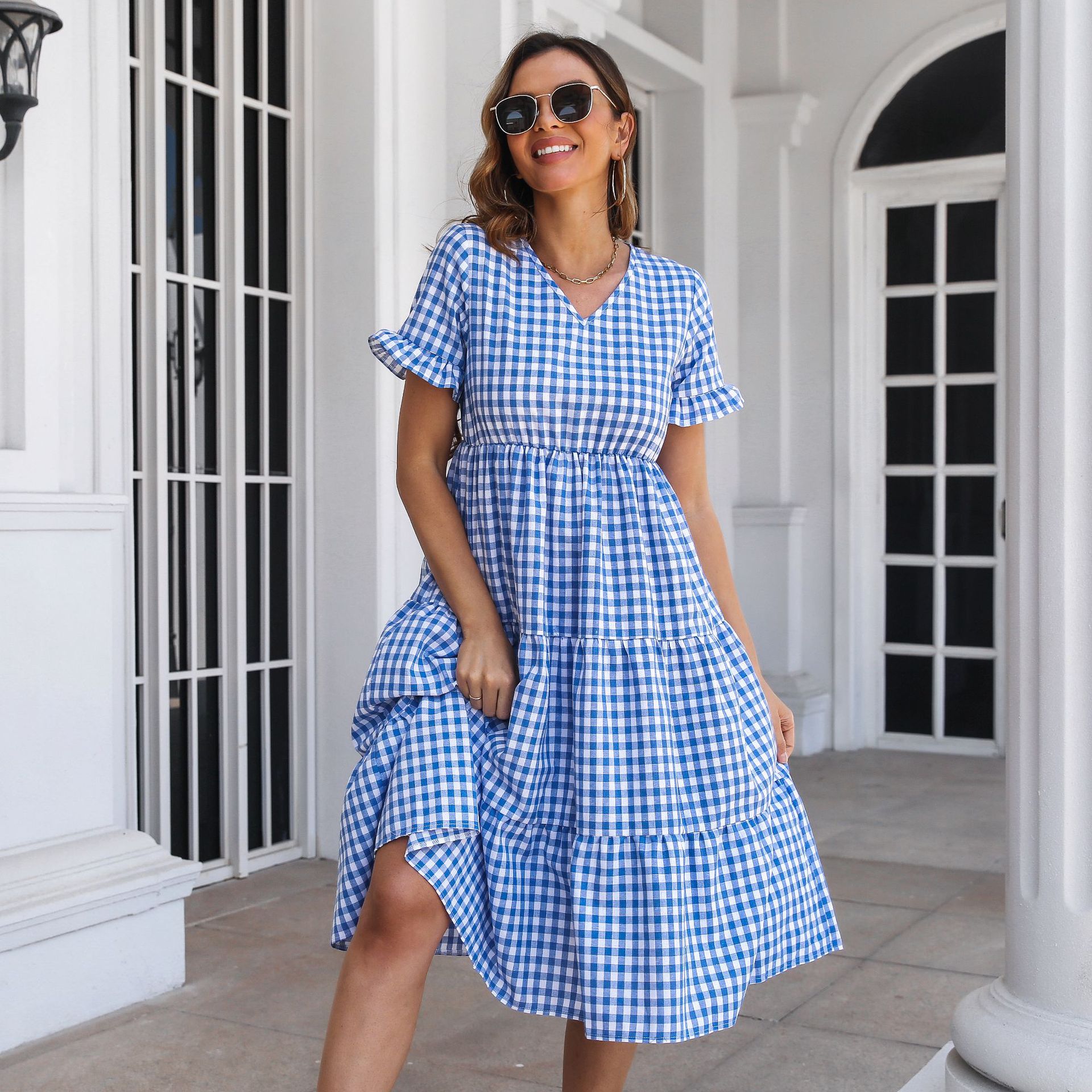 Women's Swing Dress Casual V Neck Short Sleeve Plaid Midi Dress Daily display picture 2