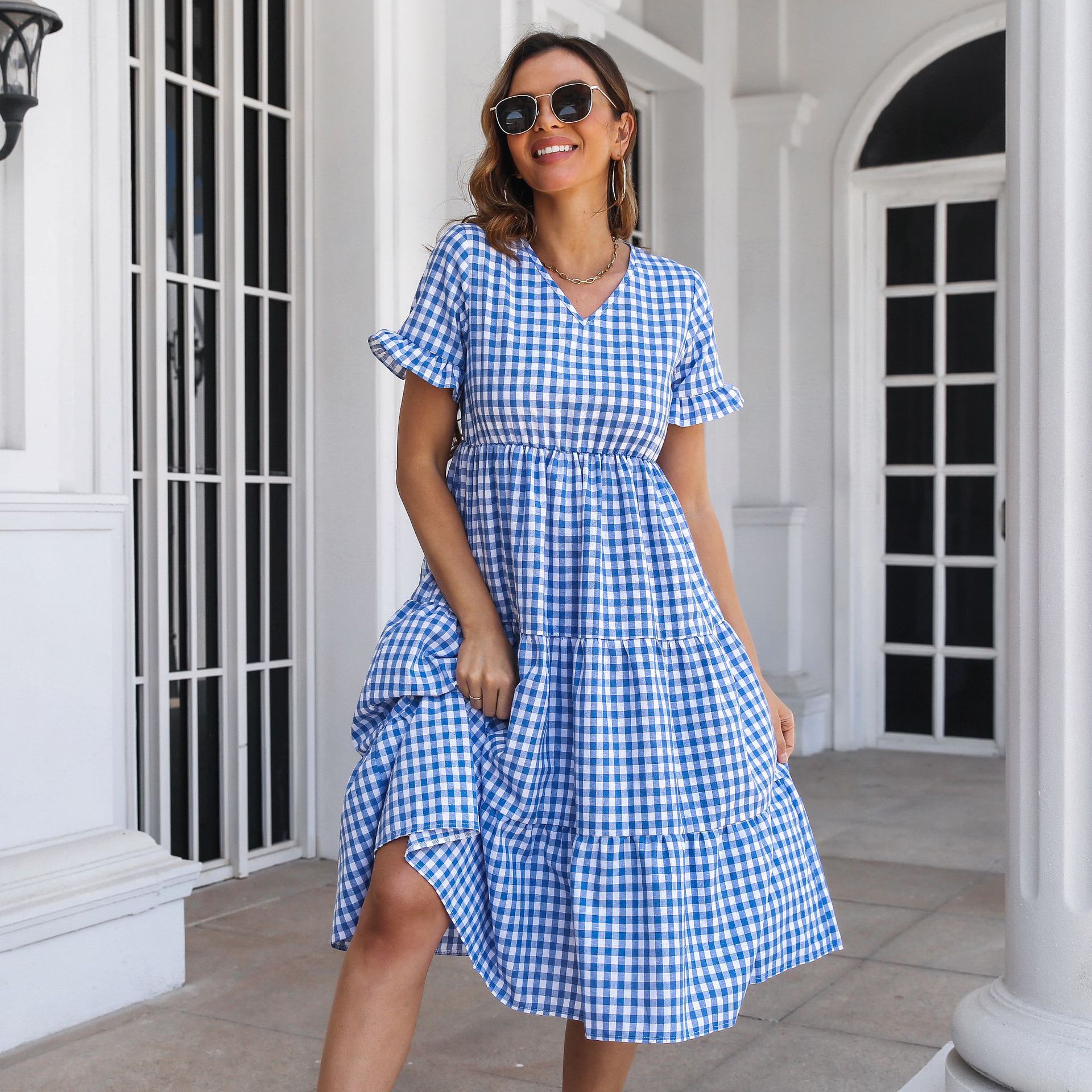 Short Sleeve Sleeve Length Swing Dress Dresses Type Wholesale Women'S Casual Plaid Daily V Neck Short Sleeve Swing Dress