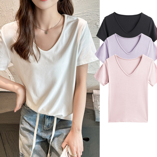 2024 New Loose V-neck Right Shoulder Short Sleeve T-shirt Women's Summer Large Size T-shirt High-end Clothes Belly Covering T-shirt