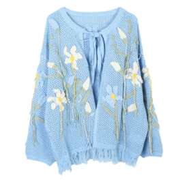 流苏宽松复古文艺风长袖毛衣开衫春秋慵懒风手勾立体花针织开衫女