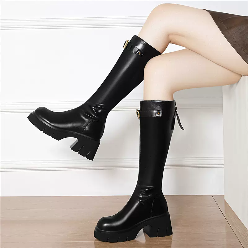 厚底小个子粗跟美拉德中筒女士靴女鞋2025年新款秋冬季复古皮靴