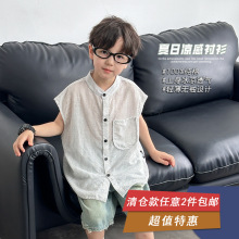 【清仓特卖】男童夏款帅气口袋条纹无袖上衣儿童棉麻轻薄休闲衬衫