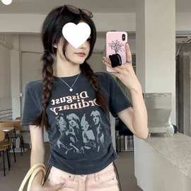 复古做旧短袖t恤夏季宽松抽绳设计感辣妹上衣图片色印花抽褶圆领