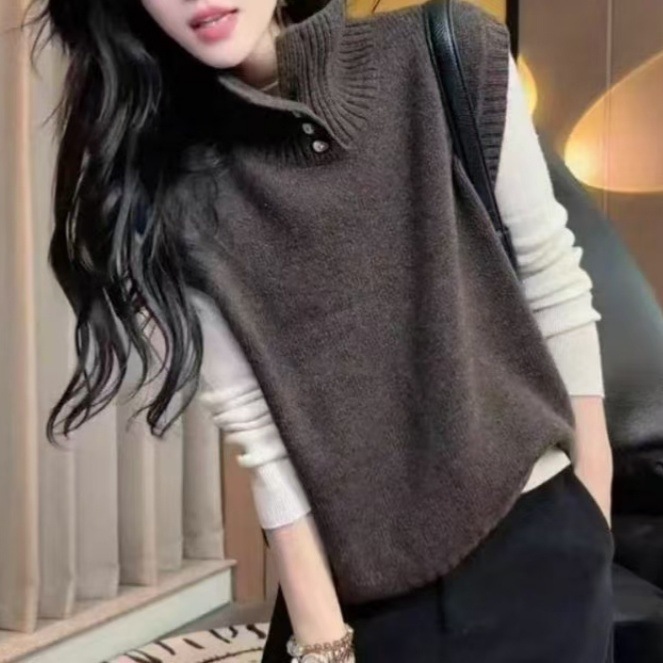 法式百搭设计感翻领时尚针织马甲女士秋冬复古慵懒风内搭毛衣背心|undefined