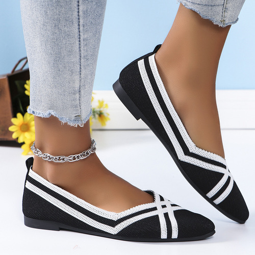 Acrylic Crochet Pointed Toe Knit Women's Flat Shoes for Autumn Large Size