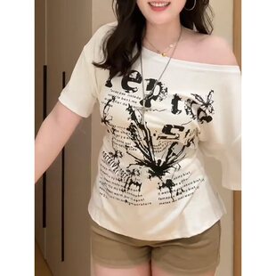 Plus Size Fat mm Cotton American Letter Print Slanted Shoulder Short-Sleeved T-Shirt for Women Summer Lazy Style Loose Casual Top