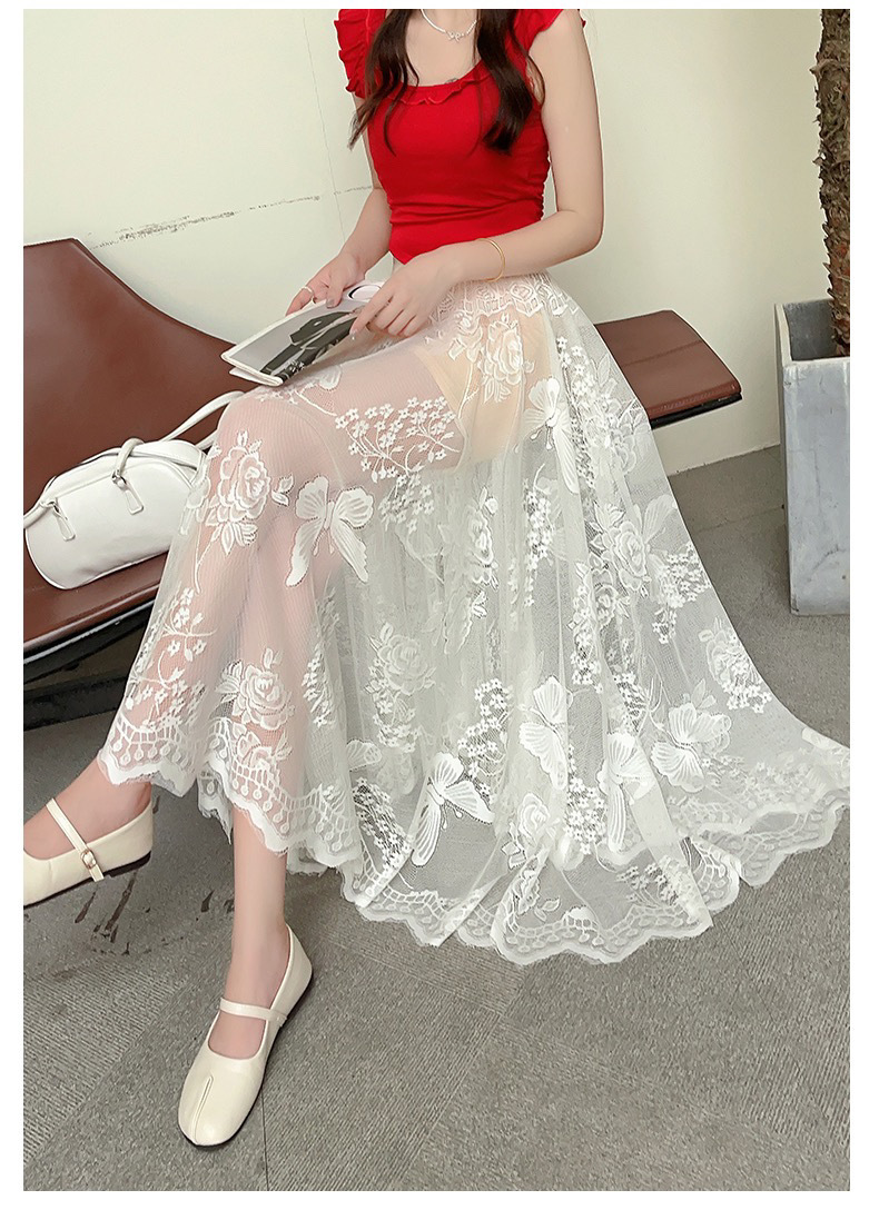 Cheongsam Lining Petticoat Lace Skirt Women's Summer High-Waist Slimming Look Draped A-Line Half-Length Mesh Skirt