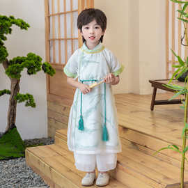 童装夏季新款古风长袍六一表演服汉服唐装竹子长袍短袖唐装批发