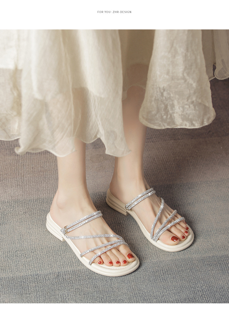Sandal nữ đế bệt quai mảnh đính đá phong cách Pháp, dáng xăng đan hai kiểu — AY380 Đen chi tiết 16