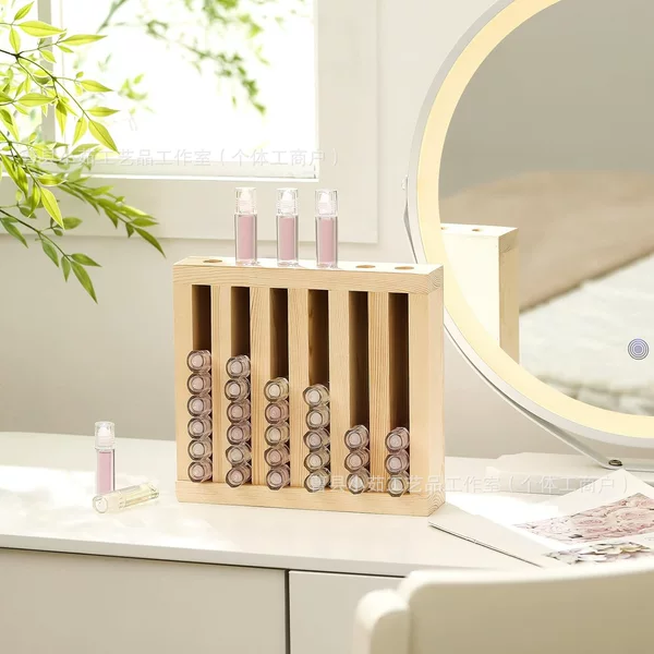 Cross-border wooden lipstick storage rack, multi-compartment lip gloss organizer, dressing table makeup and lipstick display stand