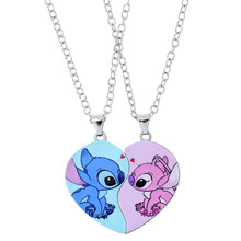 跨境不锈钢吊坠爱心拼接史迪仔安琪情侣项链UV彩印卡通心形吊坠