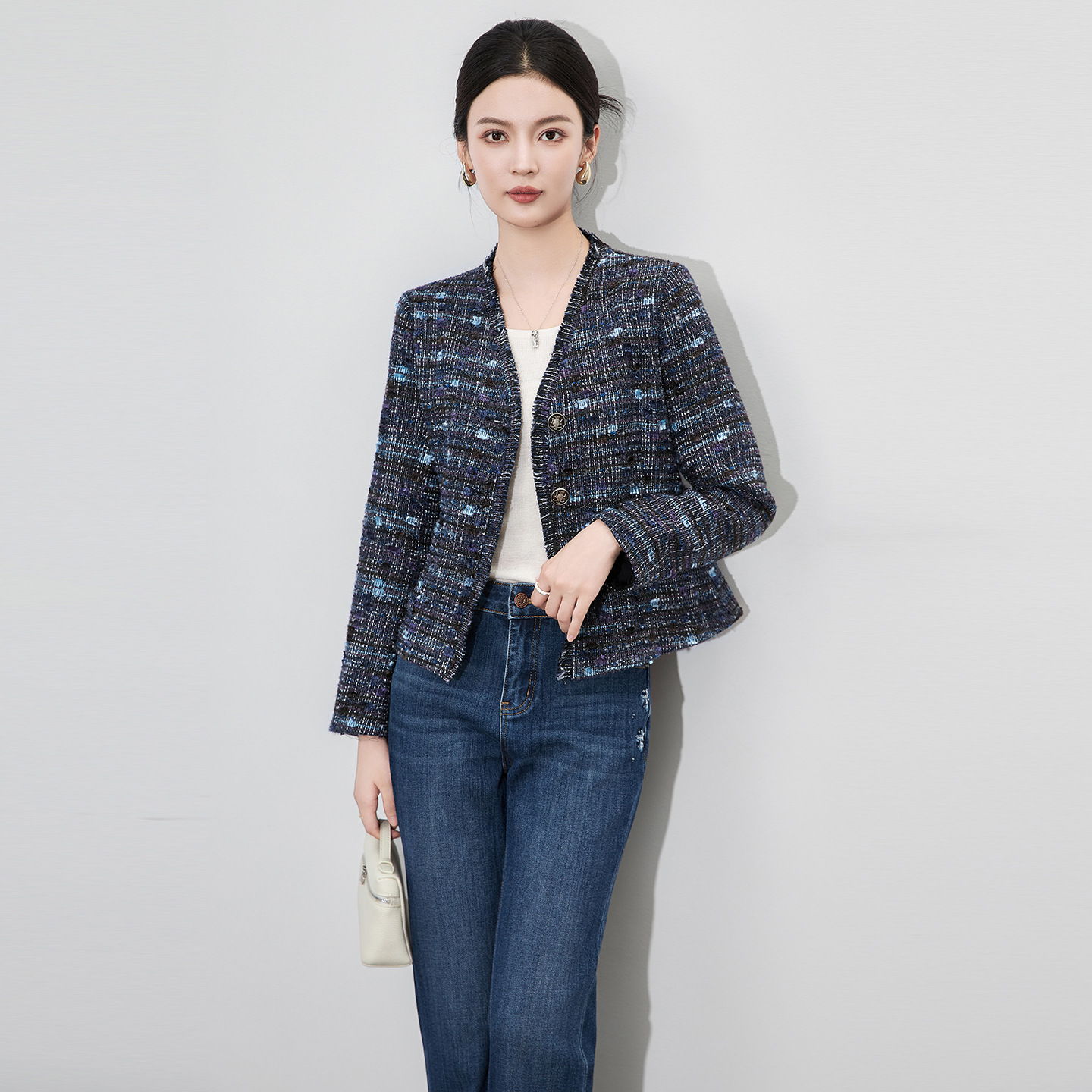 2512601-Nanyou Accessible Luxury High-End Tweed Jacket Top with Waist and Short Style, Fashionable Work Clothing Elegant