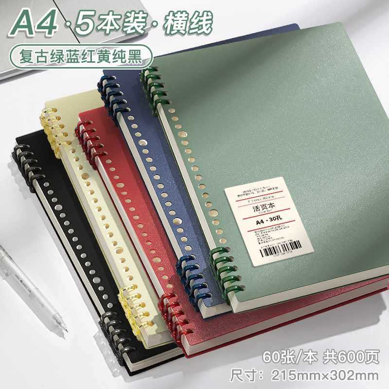 A4 horizontal line · 5 books [green + blue + red + yellow + solid black] 600 pages in total