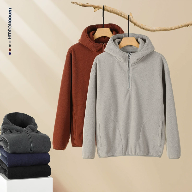 Половина молнии с флисом с капюшоном и флисом на открытом воздухе теплая толстая пара с длинными рукавами hoodie свитер осень и зима