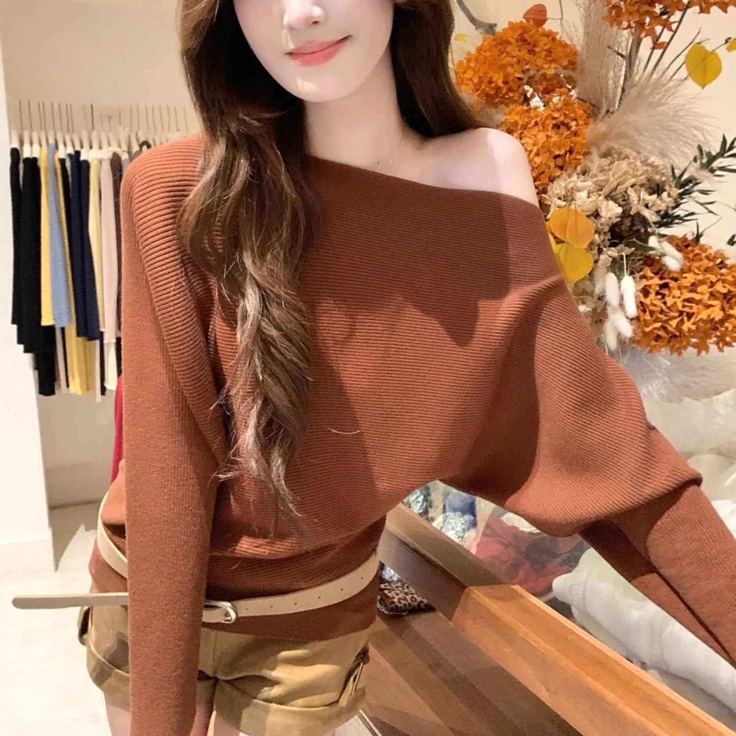 Korean Design Slanted Shoulder Off-Shoulder Long-Sleeved Knitwear for Women in Autumn and Winter Loose Slimming Look Versatile Pullover Knitwear Top
