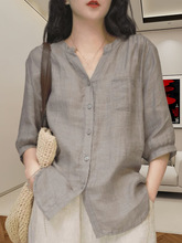 宽松苎麻上衣女2024新款春季轻奢感洋气棉麻亚麻中袖衬衫氨纶