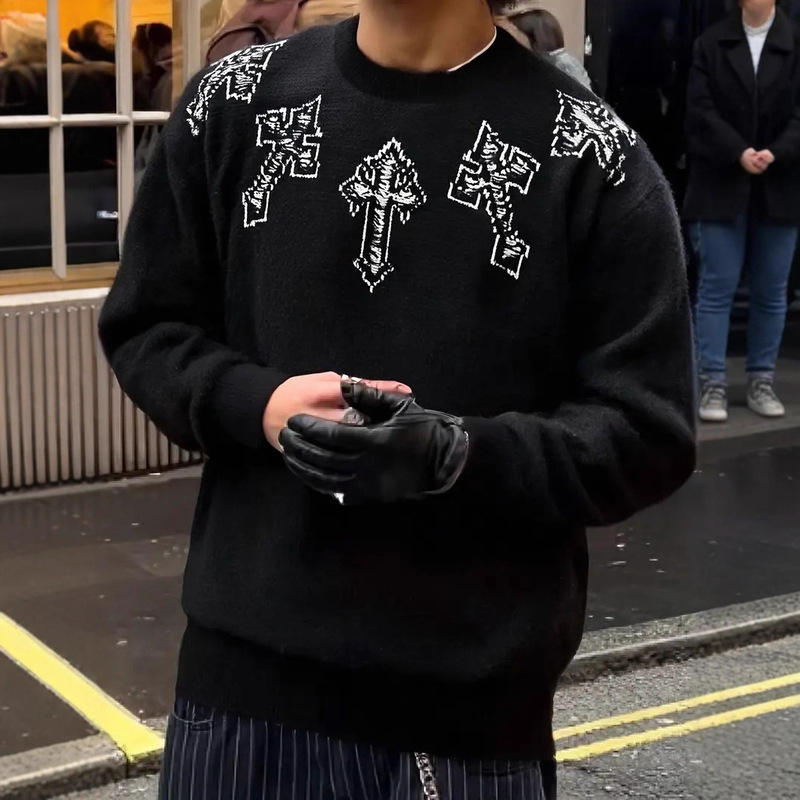 Fashion Rock Dark Minimalist Versatile Knitted Long-Sleeve Cross Crochet Top Unisex Sweater Wholesale