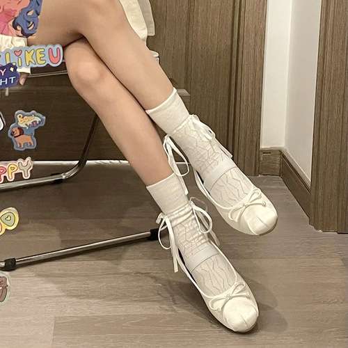 Summer thin breathable strap ribbon bow cotton socks short mid-calf mesh hollow ballet style pile socks for women