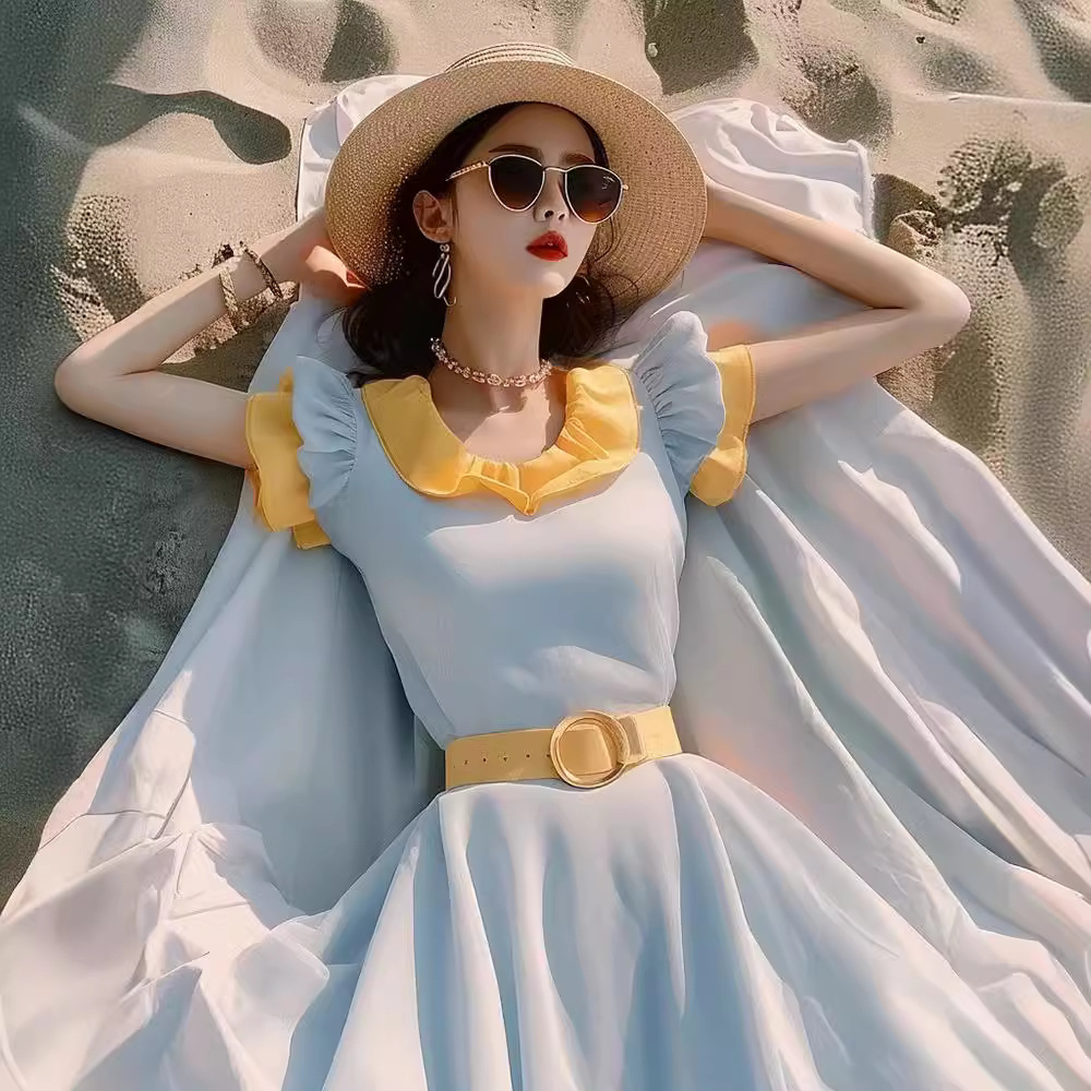 Váy maxi nữ giả hai mảnh phối màu tương phản, thiết kế thắt eo, phong cách Pháp — Màu sắc tương phản vàng và xanh