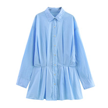 2025春秋季休闲女装蓝色宽褶设计收腰衬衣式连衣裙