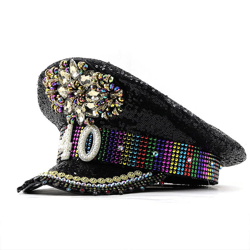 Sombrero azul marino con incrustaciones de diamantes, boina estilo punk, sombrero y2k, sombrero de marinero para mujer con ambiente otoñal e invernal, sombrero dorado para clima frío