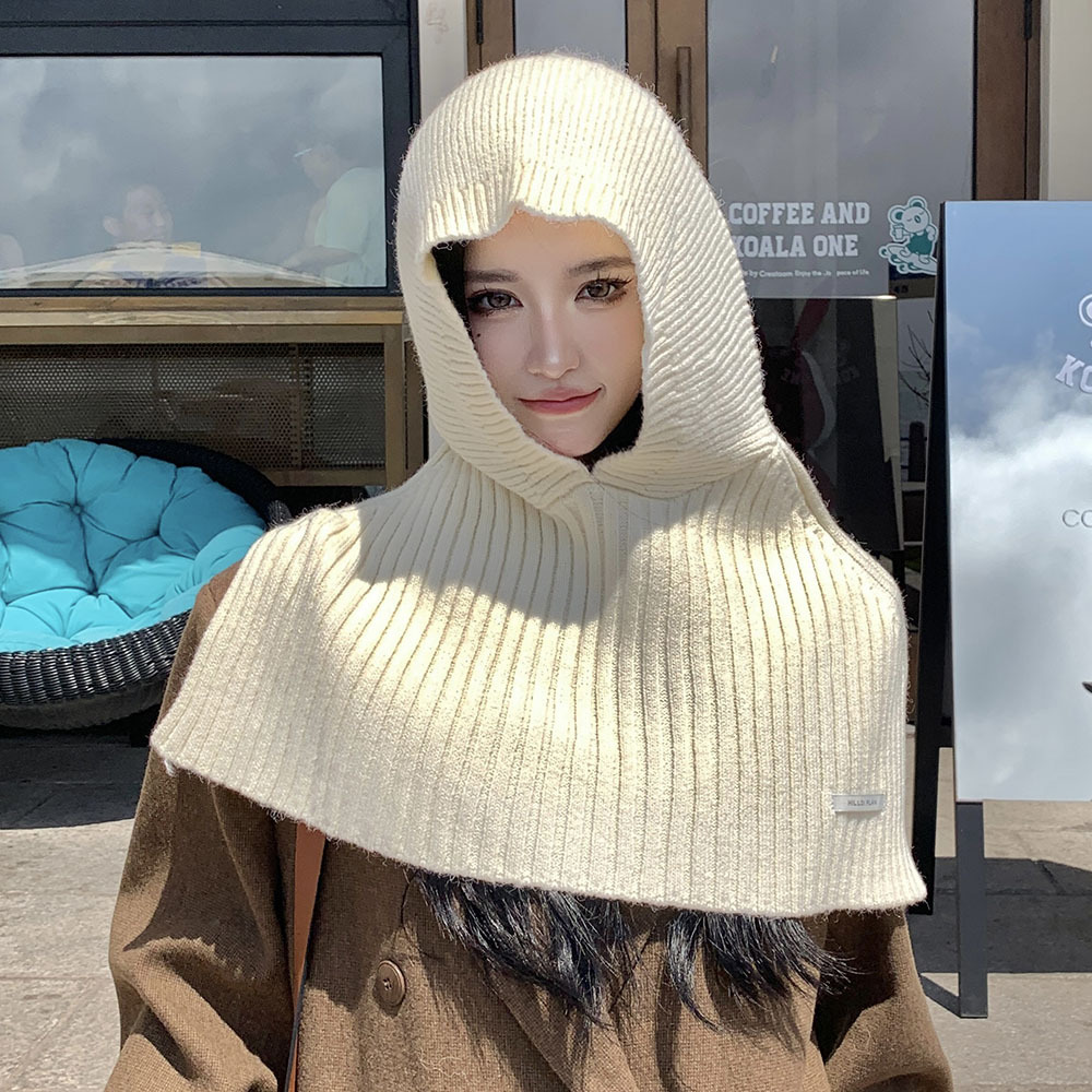 秋冬季纯色新款时尚围巾女外搭套头连帽围脖护颈毛线针织斗篷披肩