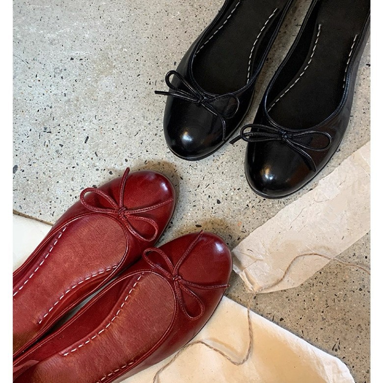 Super Soft Horsehide ~ French Genuine Leather Retro Bow Shoes for Women Autumn New Flats Shallow Mouth Ballet Mary Jane Shoes